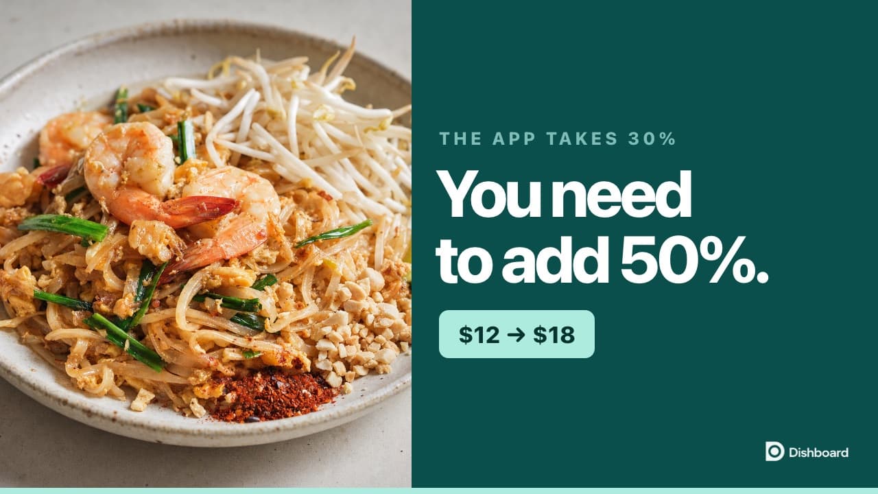 A pad thai costed for dine in against a delivery app
