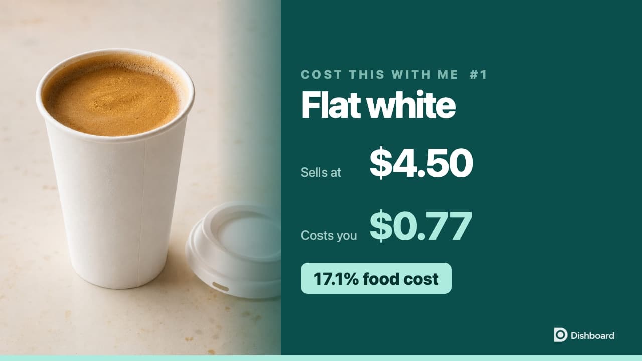 A flat white beside its costed ingredient list